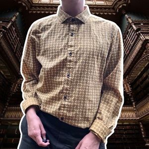 Express Fitted Mr. Autumn Man Golden Haze Patterned Button Down, Size L
